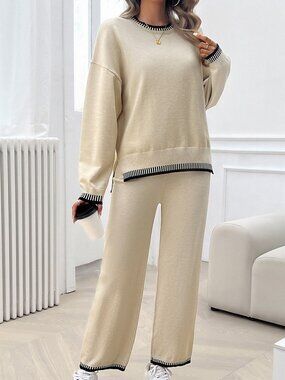 Color Block Round Neck Drop Shoulder Loose Pant Set NEW - Cream
